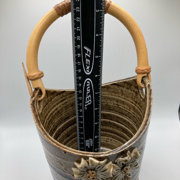 Vintage Teal/Tan/Blue Pottery Flower Pot with Bamboo Handle - Picture 9 of 10